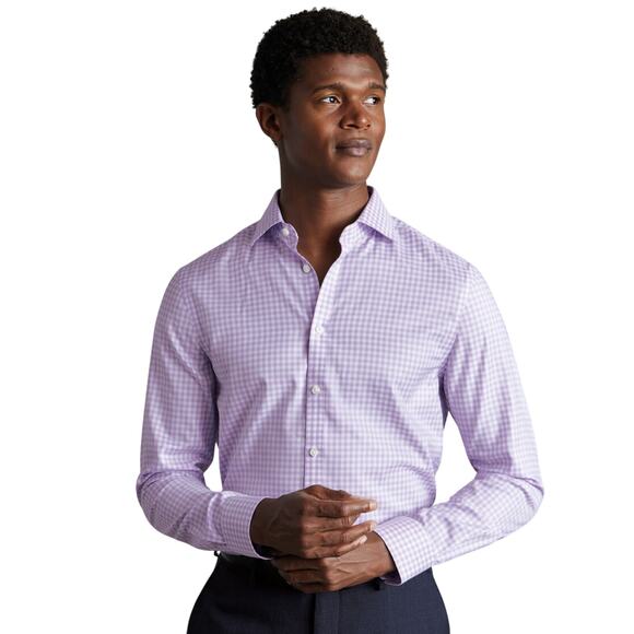 Charles Tyrwhitt Non-Iron Twill Slim Fit Gingham Shirt, Lilac, Men's Size 17/34 - Picture 1 of 6